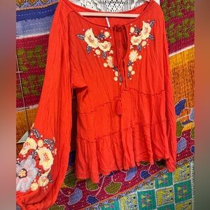 Free People Embroidered Red Boho Blouse